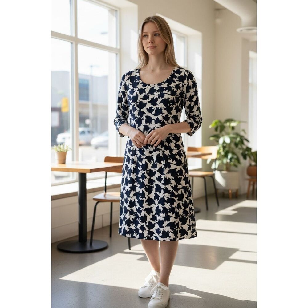 CeCe by Cynthia Steffe Navy Bird Print Shift Knee-length 3/4 Sleeve Dress Size 1